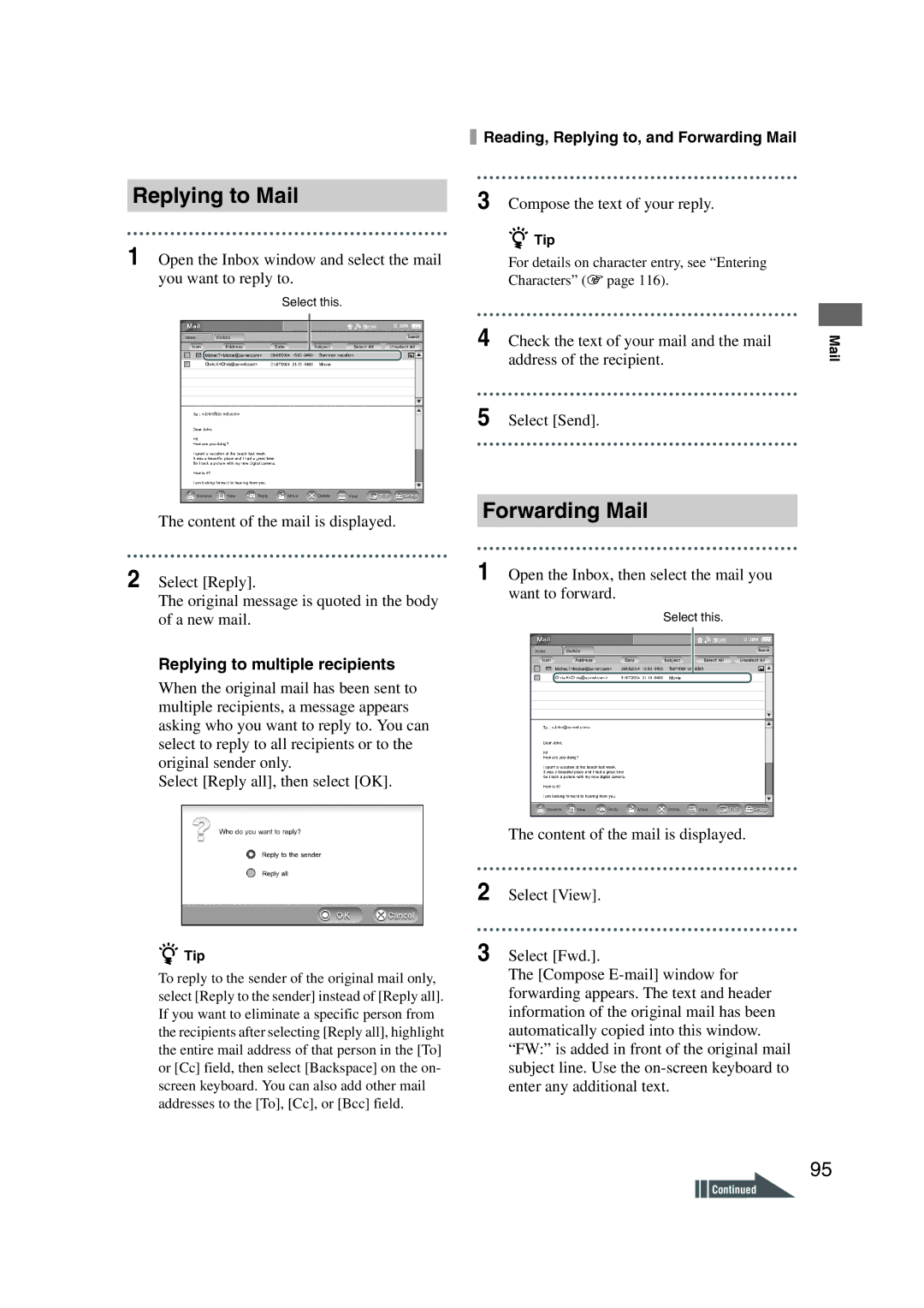 Sony LF-X1, LF-X5 operating instructions Replying to Mail, Forwarding Mail, Replying to multiple recipients 