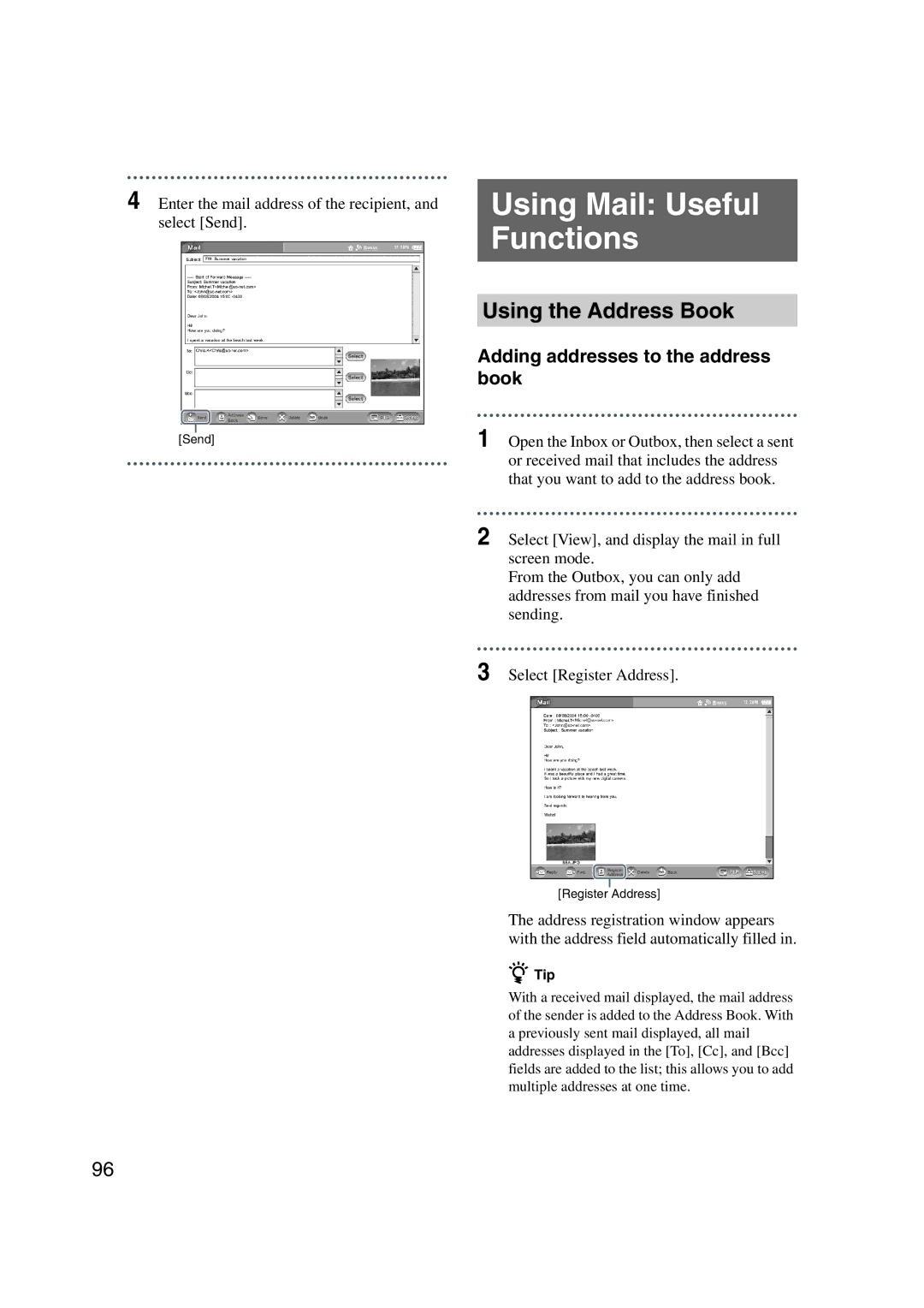 Sony LF-X1, LF-X5 Using Mail Useful Functions, Using the Address Book, Adding addresses to the address book 