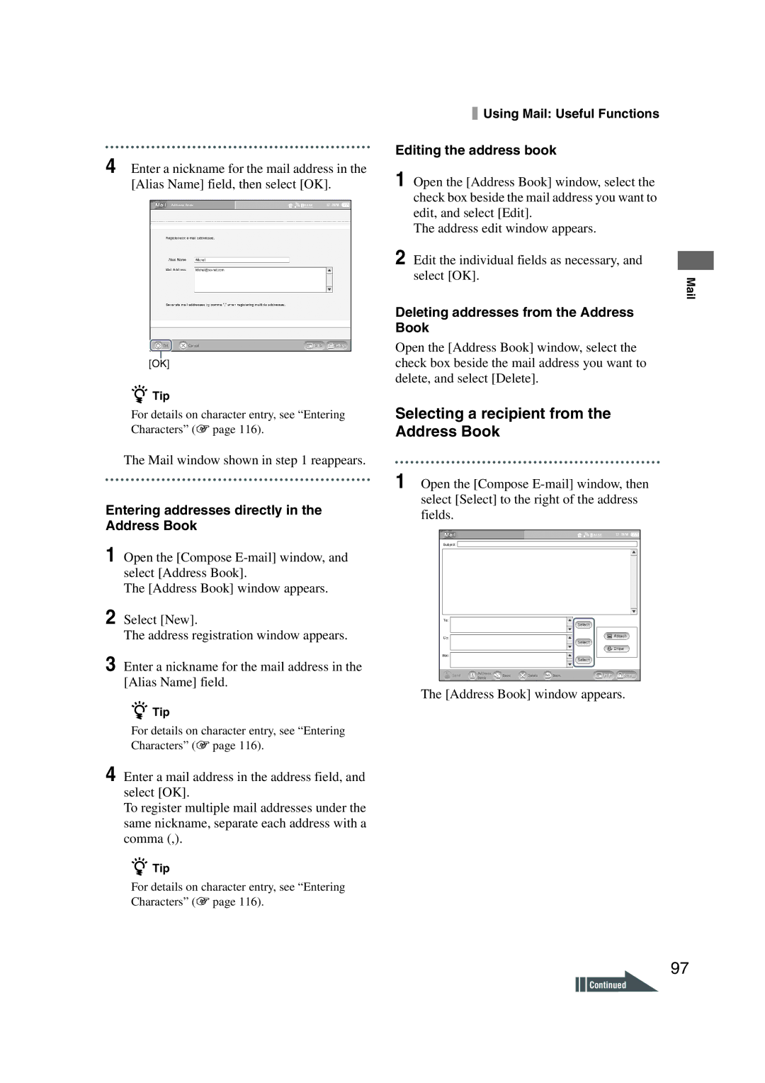 Sony LF-X1, LF-X5 Selecting a recipient from Address Book, Mail window shown in reappears, Editing the address book 