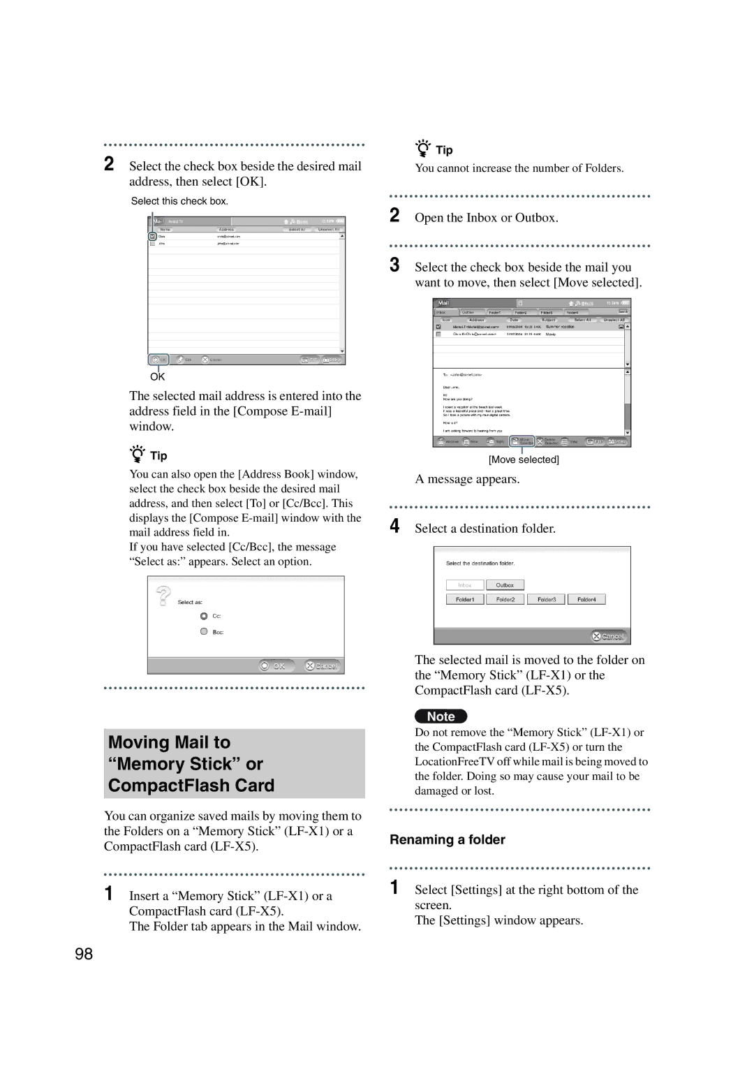 Sony LF-X1, LF-X5 operating instructions Moving Mail to Memory Stick or CompactFlash Card, Renaming a folder 