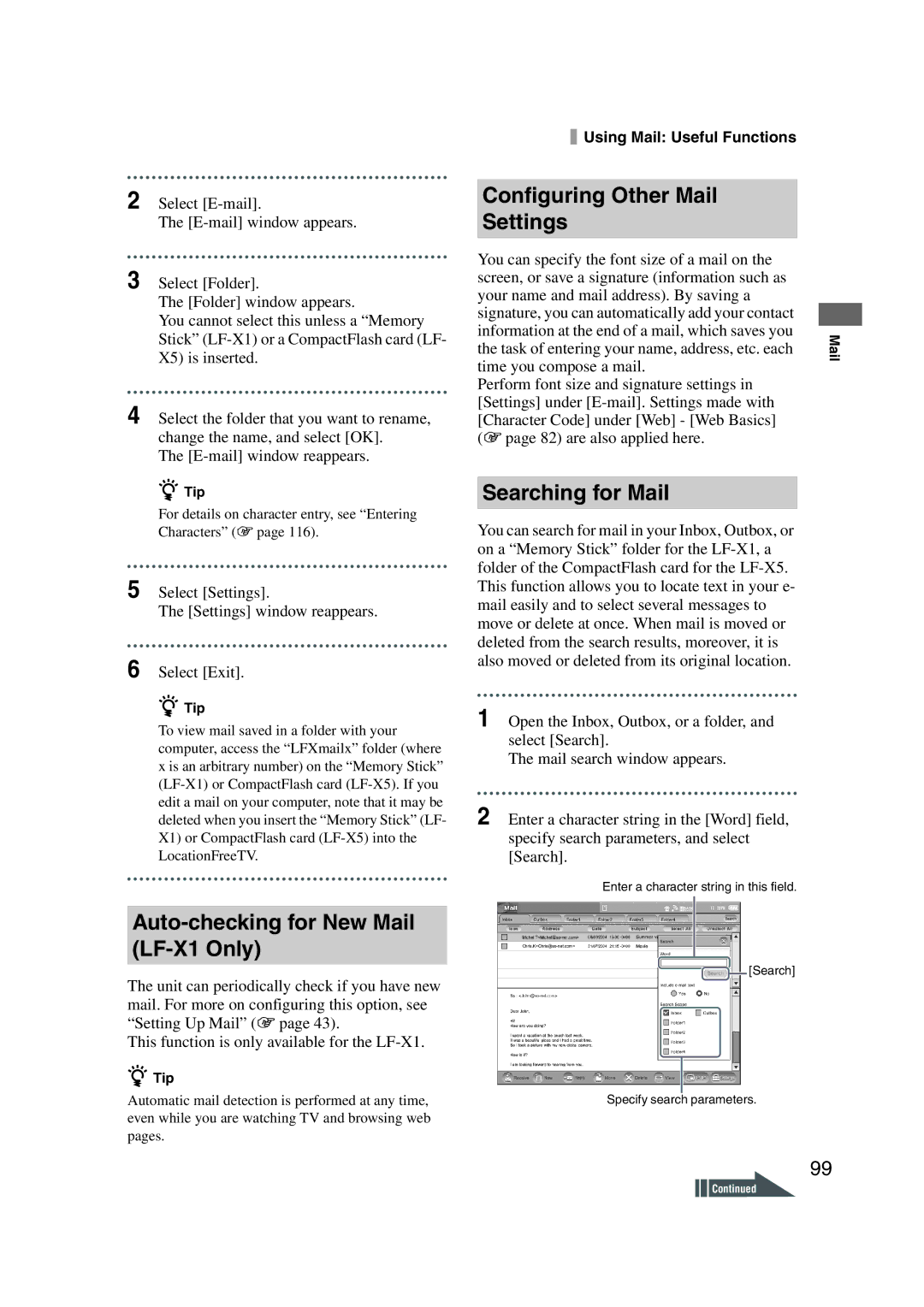 Sony LF-X1, LF-X5 Auto-checking for New Mail LF-X1 Only, Configuring Other Mail Settings, Searching for Mail 