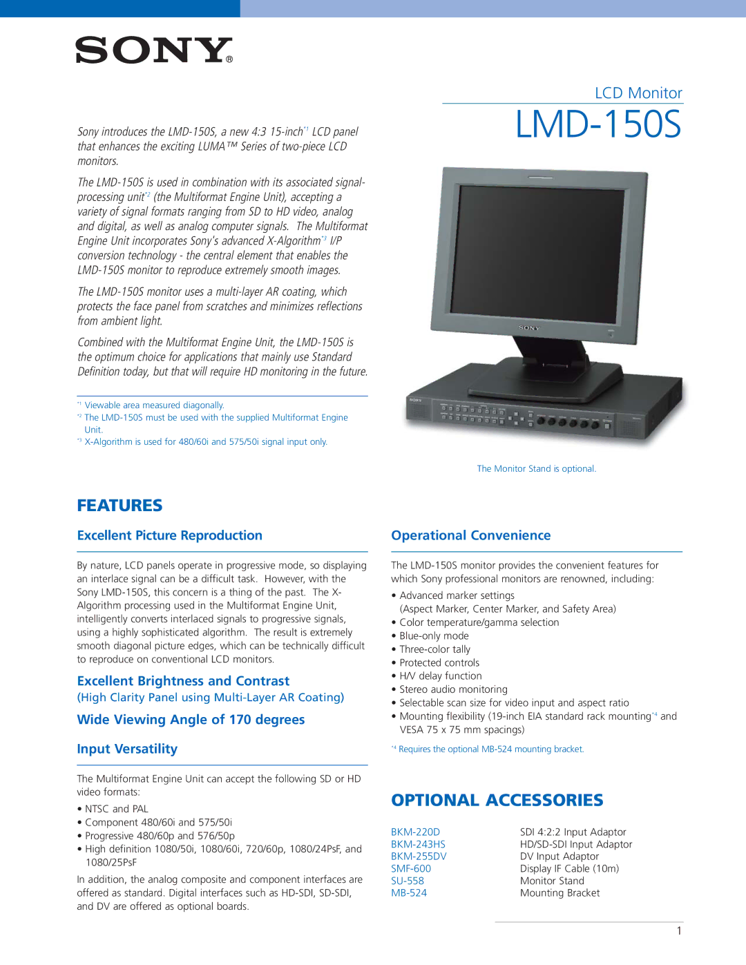 Sony LMD-150S manual Features, Optional Accessories 