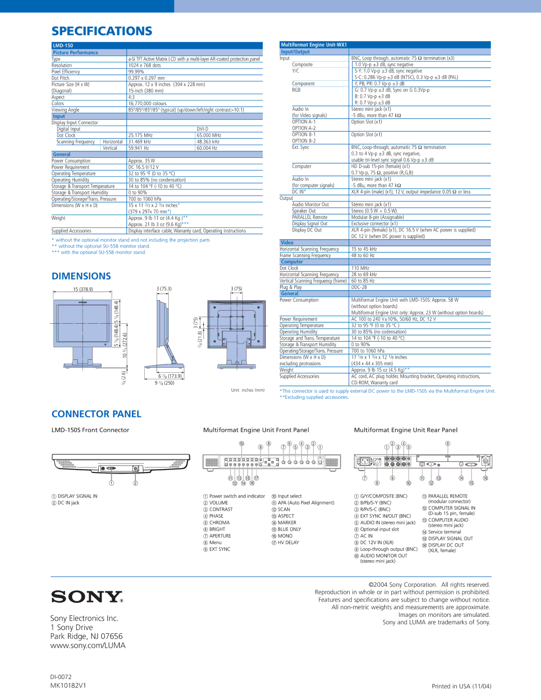 Sony LMD-150S manual Specifications, Dimensions, Connector Panel 