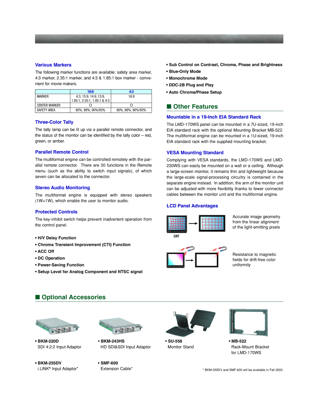 Sony LMD-170WS, LMD-230WS manual Other Features, Optional Accessories 