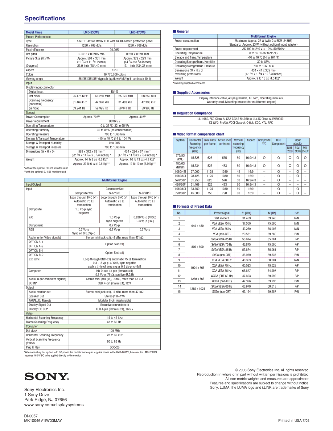 Sony manual Specifications, LMD-230WS LMD-170WS 