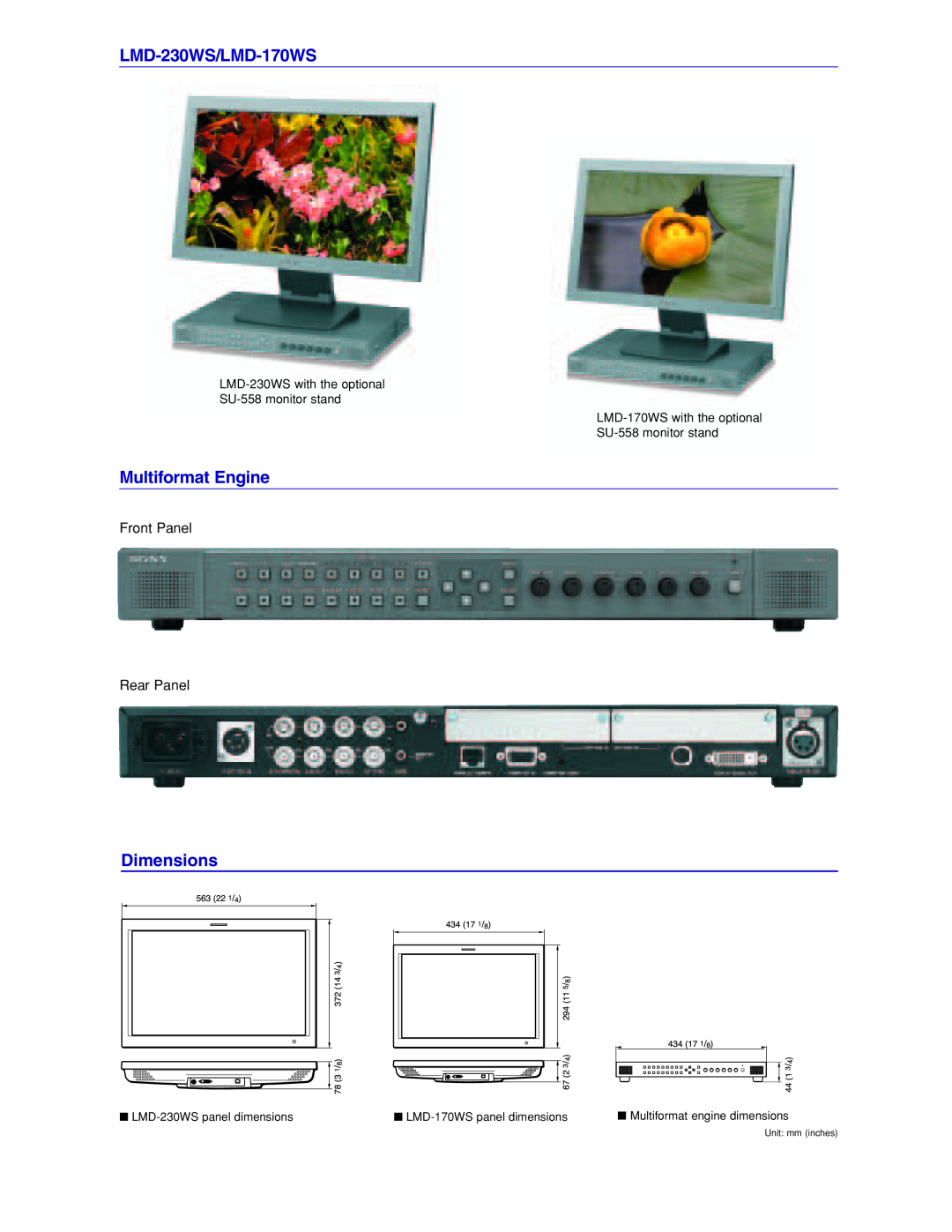 Sony manual LMD-230WS/LMD-170WS, Multiformat Engine, Front Panel Rear Panel, Dimensions, LMD-230WS panel dimensions 