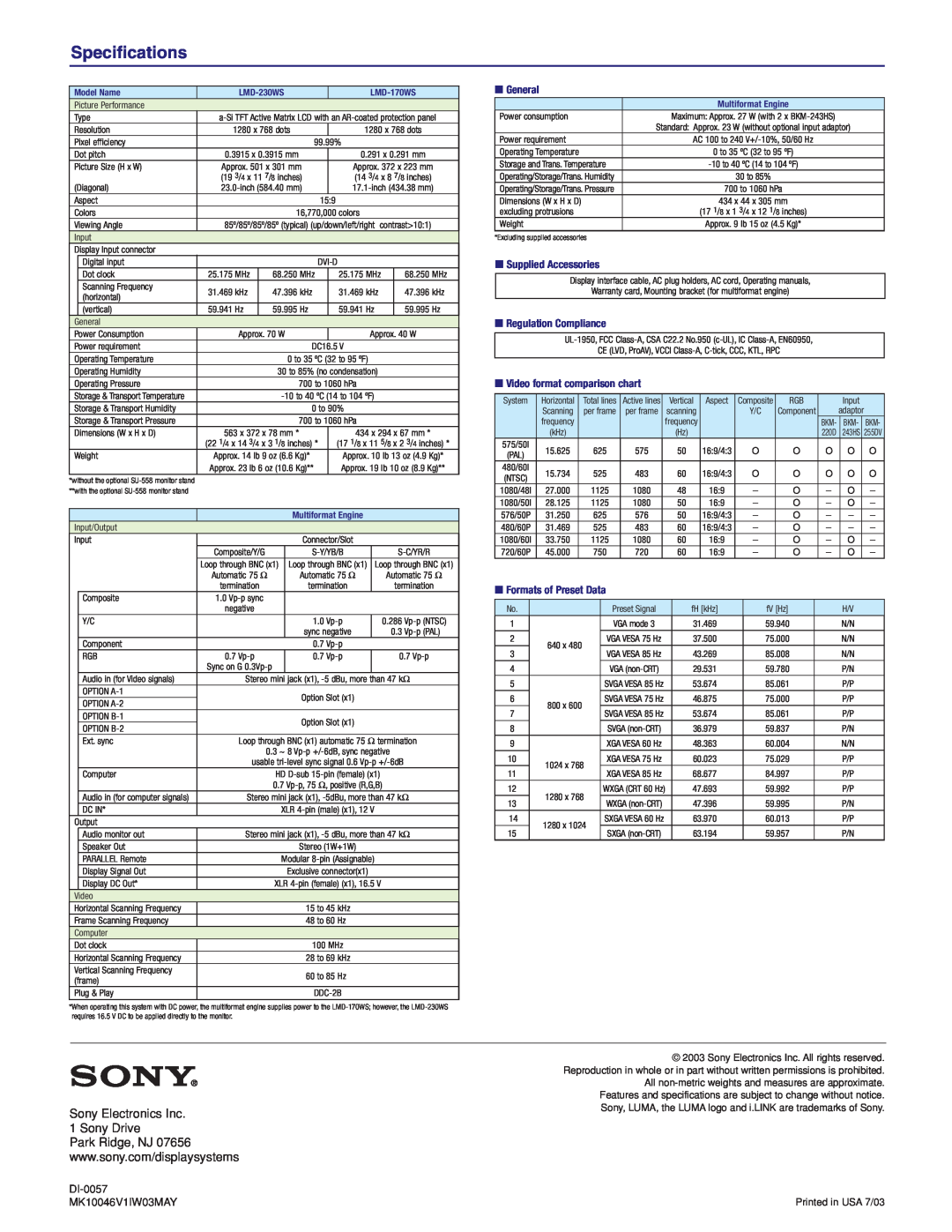 Sony LMD-170WS manual Specifications, General, Supplied Accessories, Regulation Compliance, Video format comparison chart 