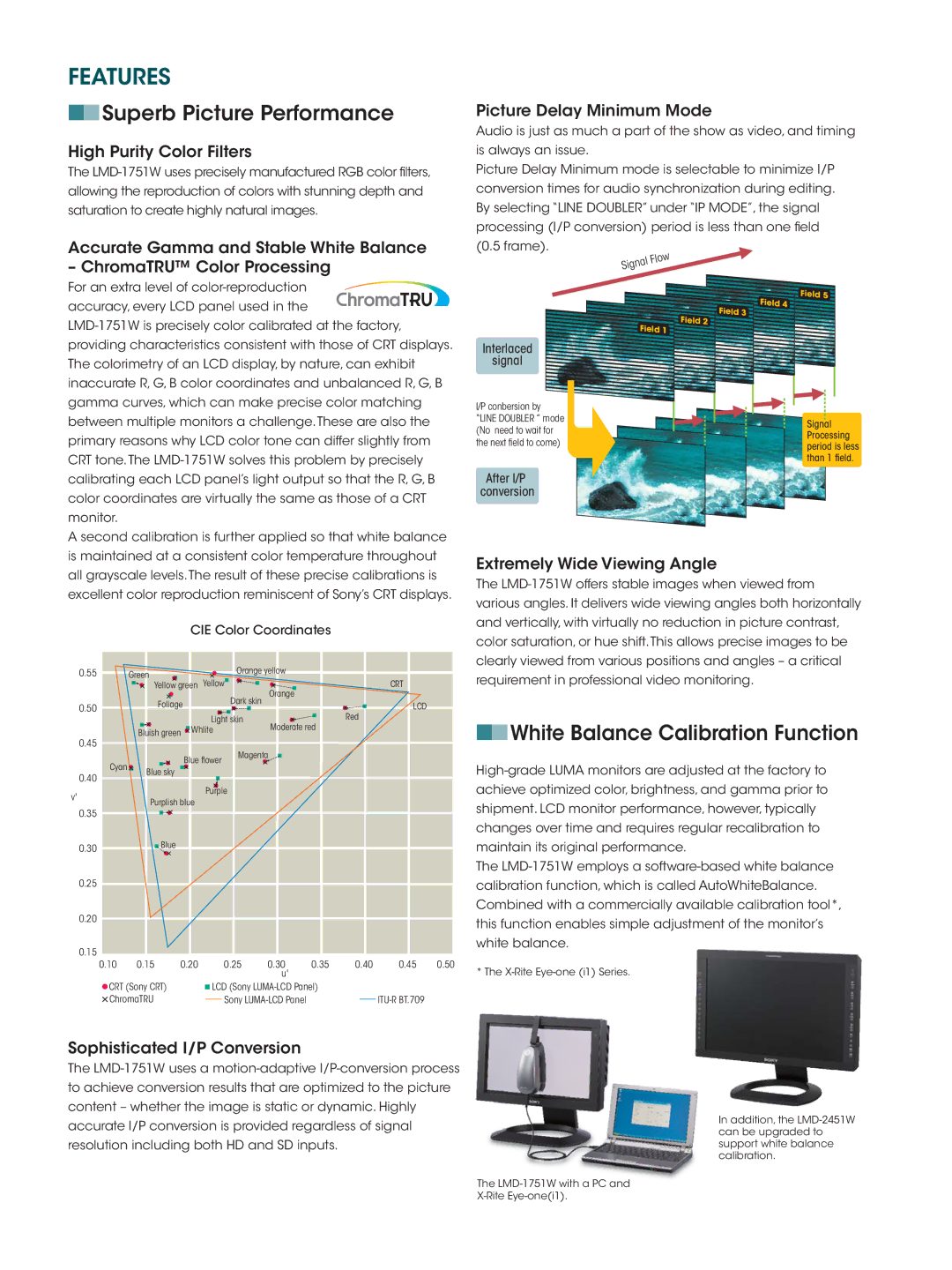 Sony LMD-1751W manual Features, Superb Picture Performance, White Balance Calibration Function 