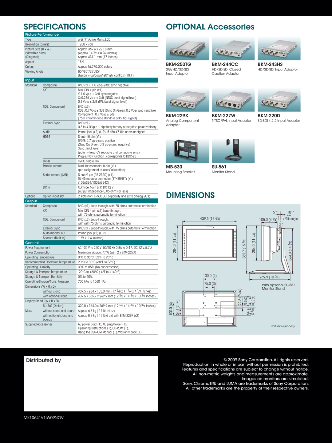 Sony LMD-1751W manual Specifications, Dimensions 