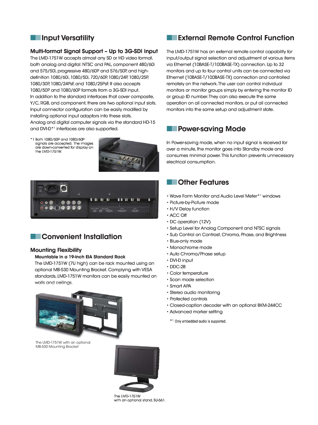 Sony LMD-1751W manual Input Versatility, External Remote Control Function, Power-saving Mode, Convenient Installation 