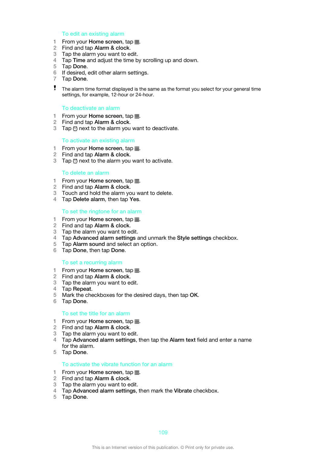 Sony LT22i manual To edit an existing alarm, To deactivate an alarm, To activate an existing alarm, To delete an alarm, 109 