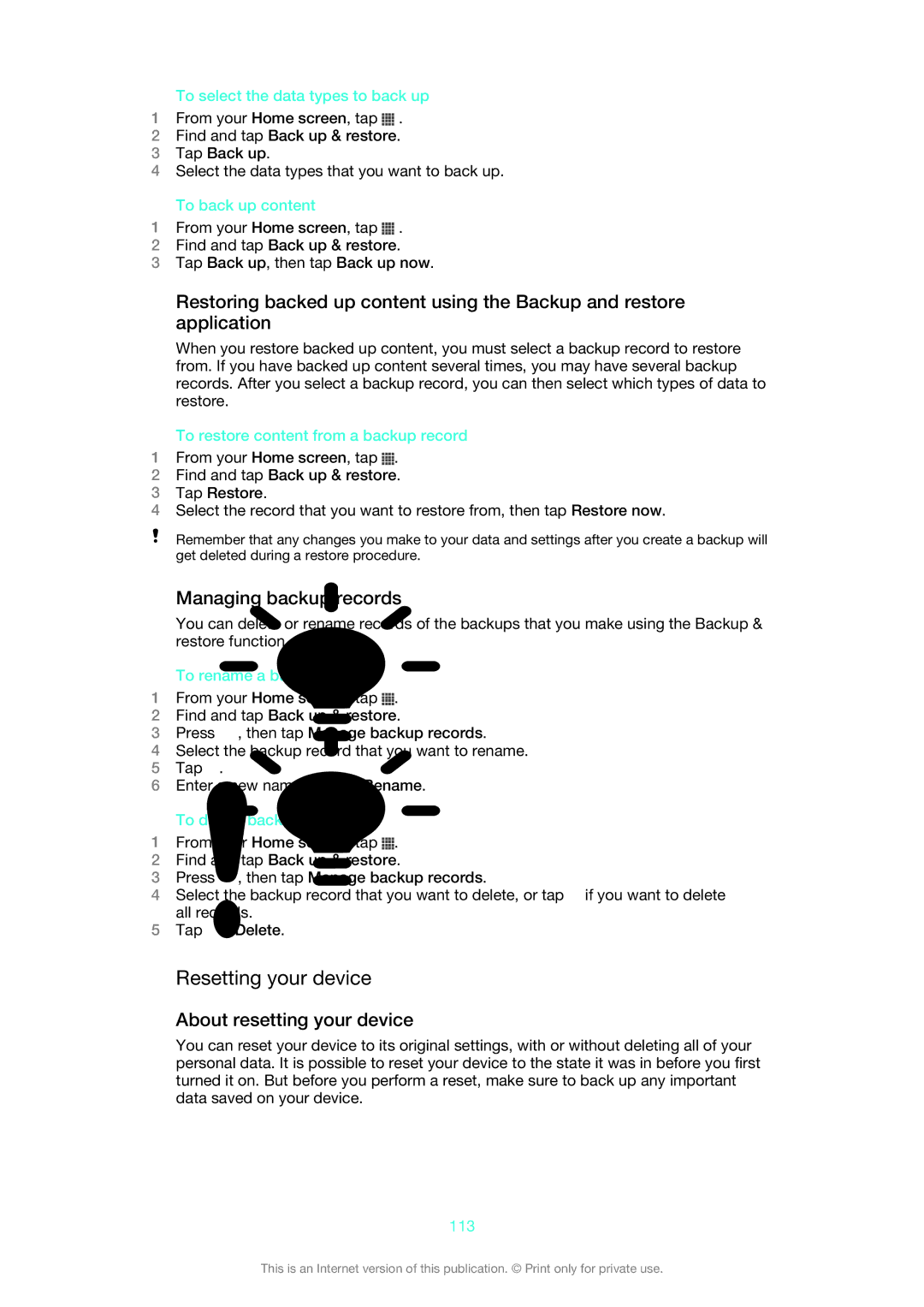 Sony LT22i manual Resetting your device, Managing backup records, About resetting your device 