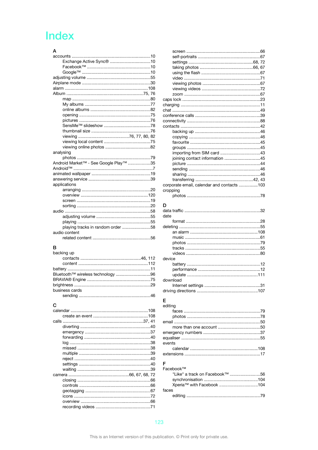 Sony LT22i manual Index, 123 