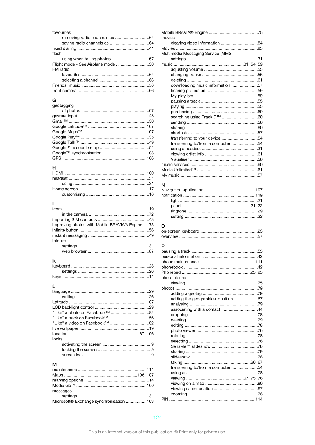 Sony LT22i manual 124, Music 