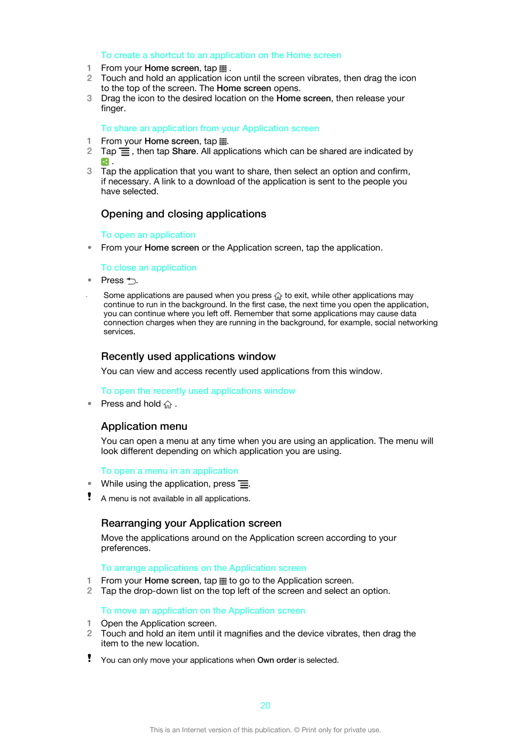 Sony LT22i manual Opening and closing applications, Recently used applications window, Application menu 