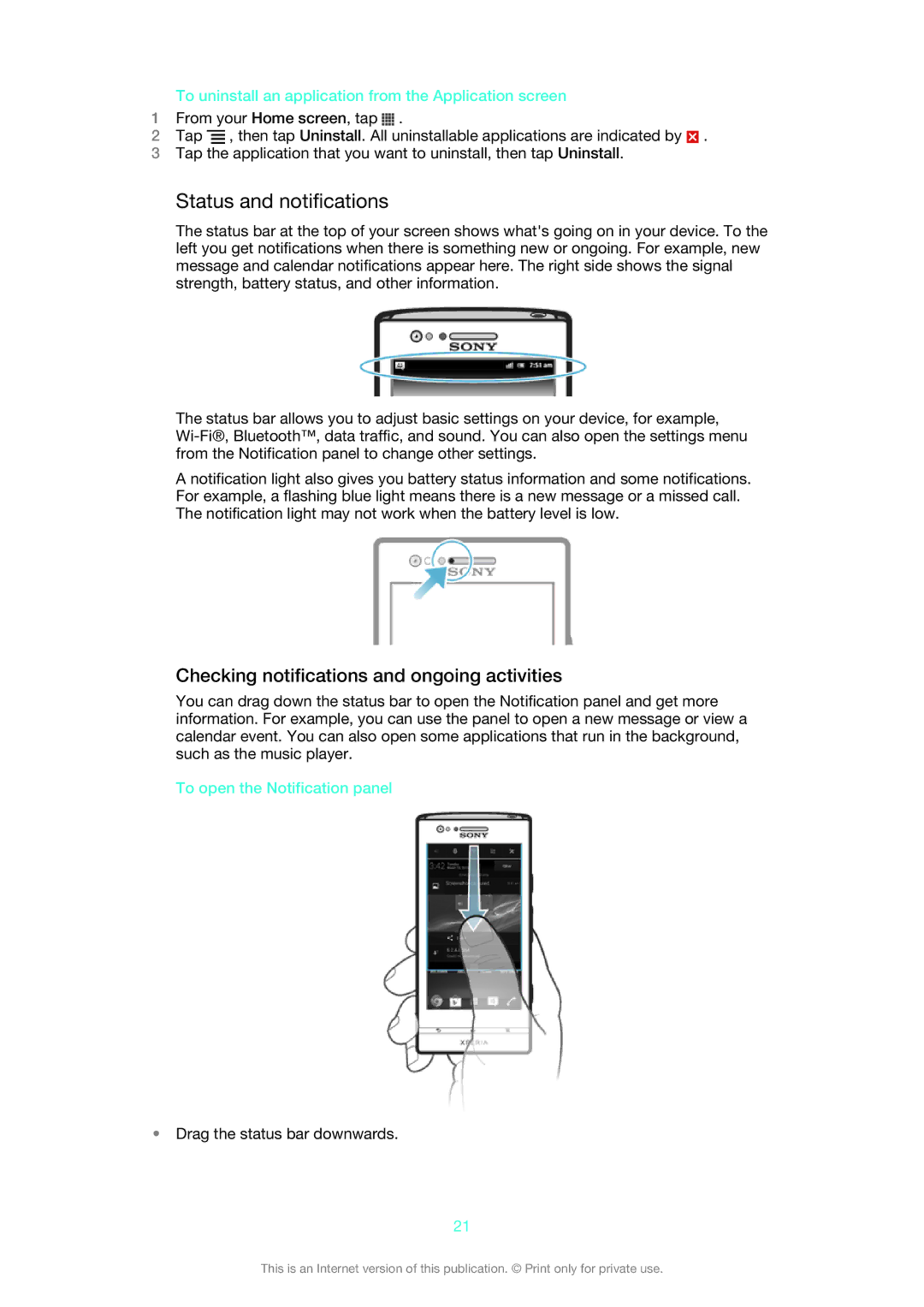 Sony LT22i manual Status and notifications, Checking notifications and ongoing activities, To open the Notification panel 