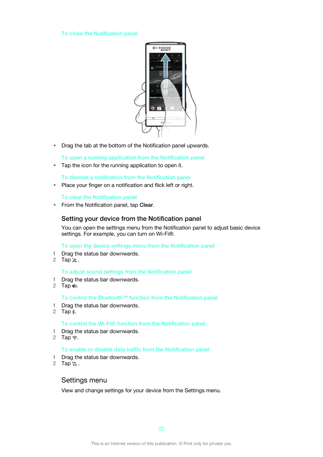 Sony LT22i manual Settings menu, Setting your device from the Notification panel, To close the Notification panel 