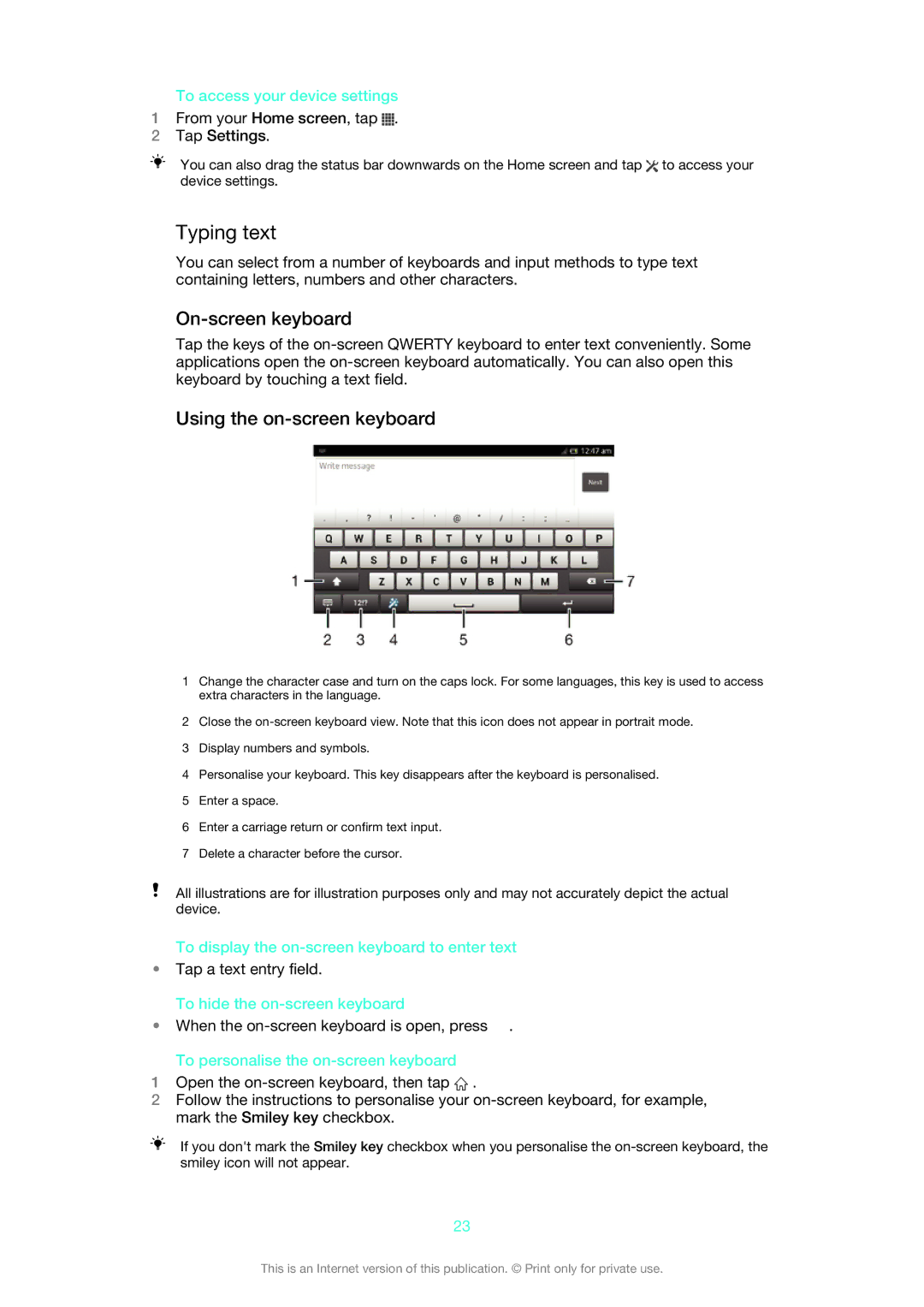 Sony LT22i manual Typing text, On-screen keyboard, Using the on-screen keyboard 