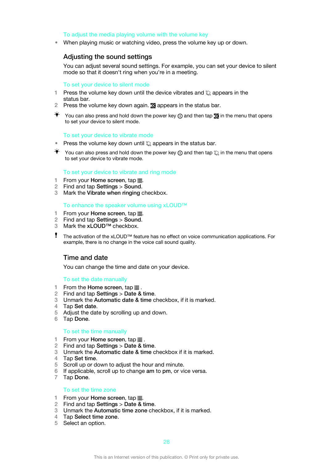 Sony LT22i manual Adjusting the sound settings, Time and date 