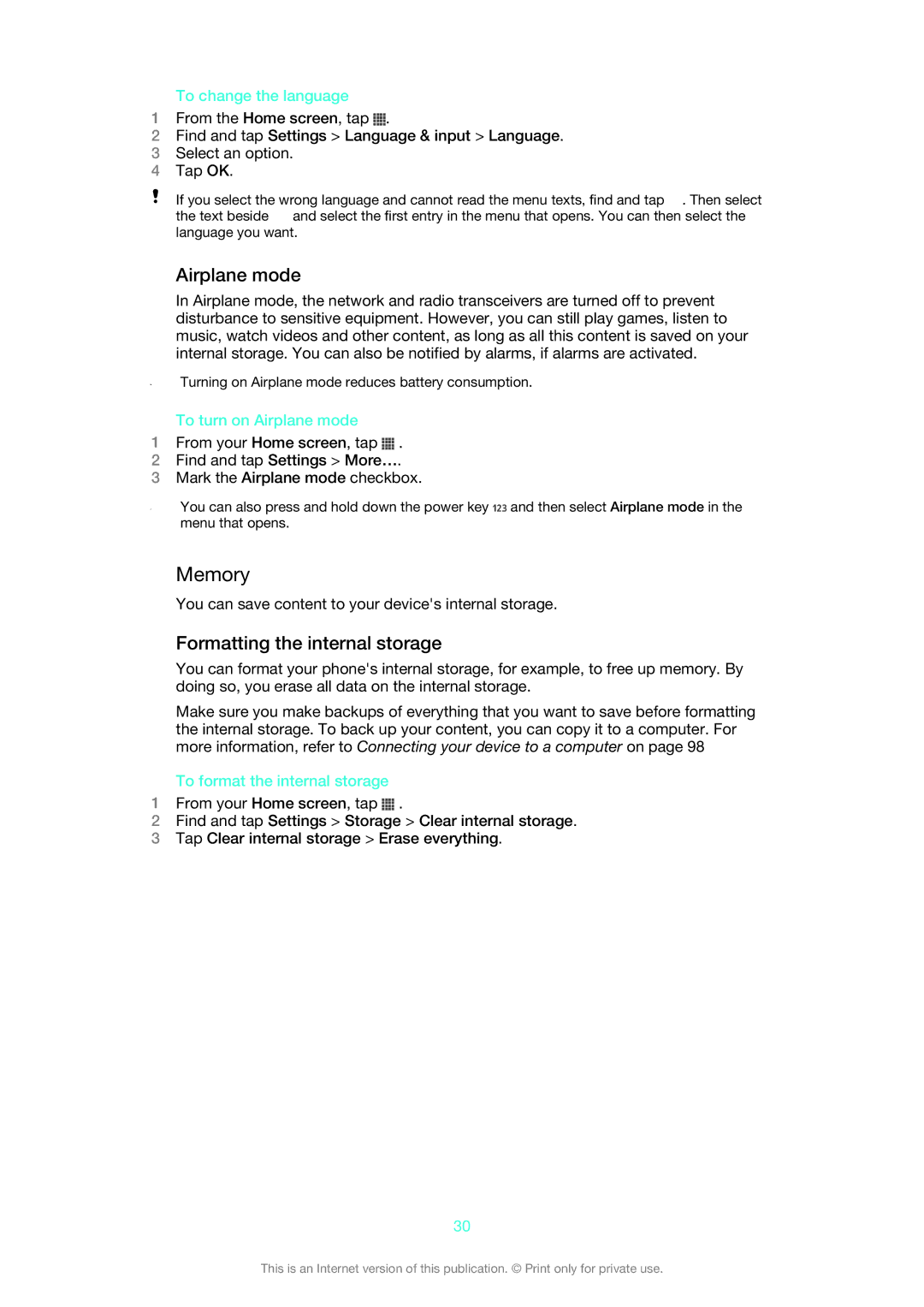 Sony LT22i manual Memory, Airplane mode, Formatting the internal storage 