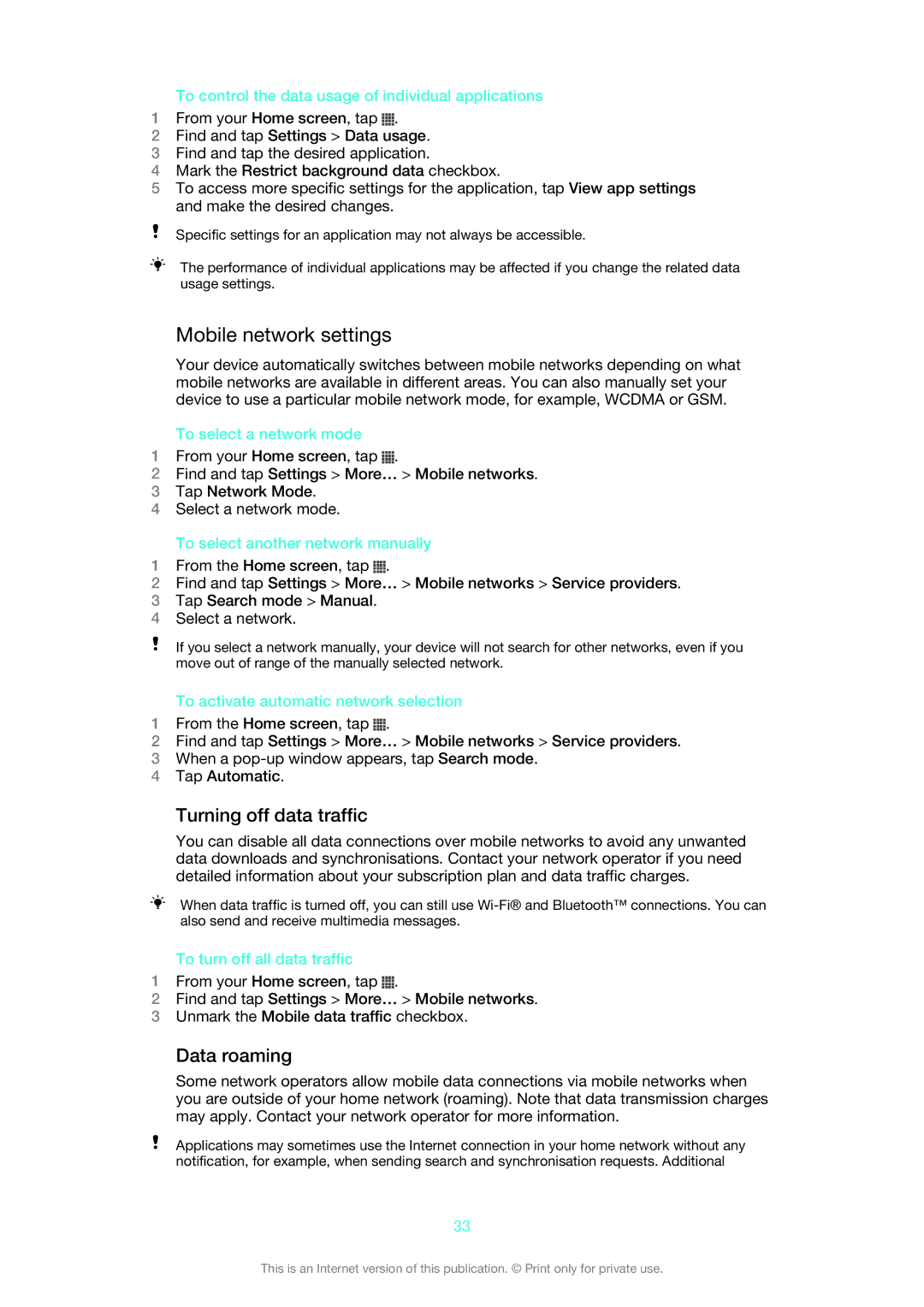 Sony LT22i manual Mobile network settings, Turning off data traffic, Data roaming 