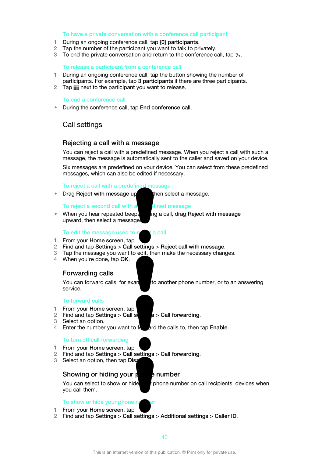 Sony LT22i manual Call settings, Rejecting a call with a message, Forwarding calls, Showing or hiding your phone number 