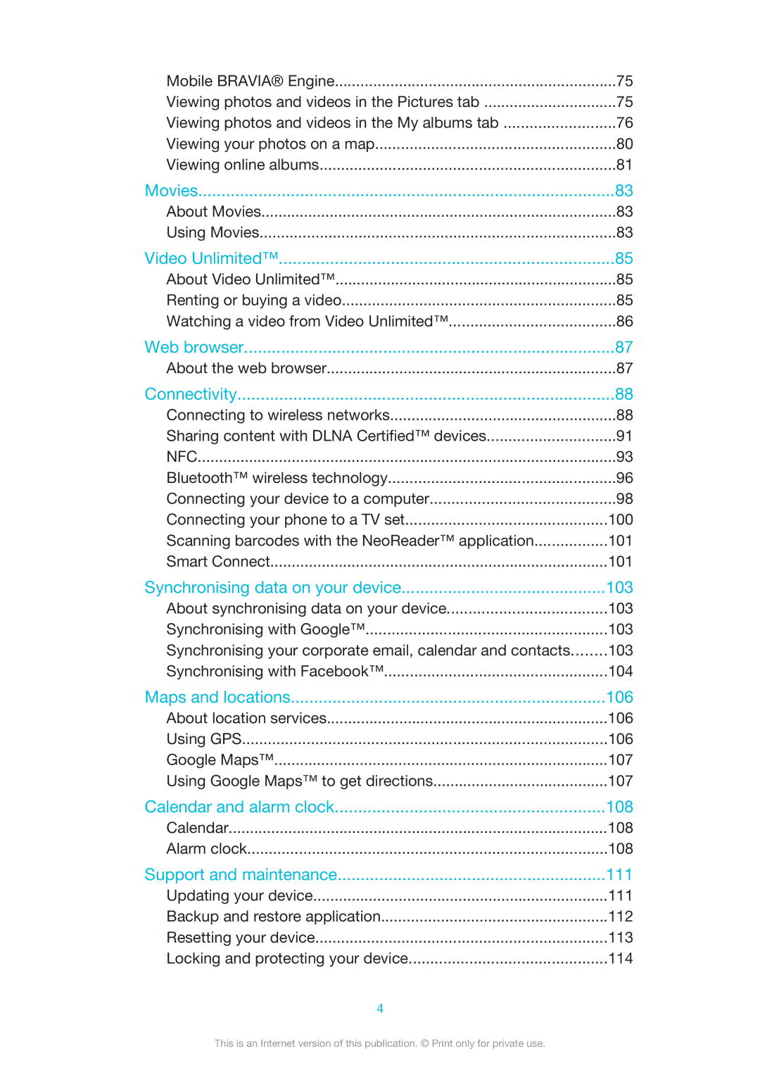 Sony LT22i manual About Movies Using Movies, About the web browser, Calendar 108 Alarm clock 