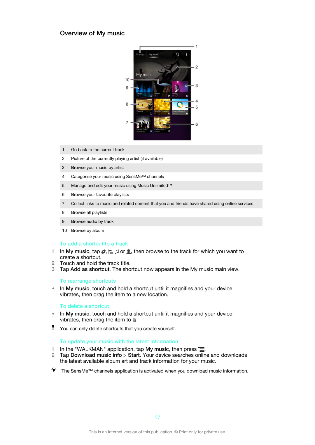 Sony LT22i manual Overview of My music, To add a shortcut to a track, To rearrange shortcuts, To delete a shortcut 