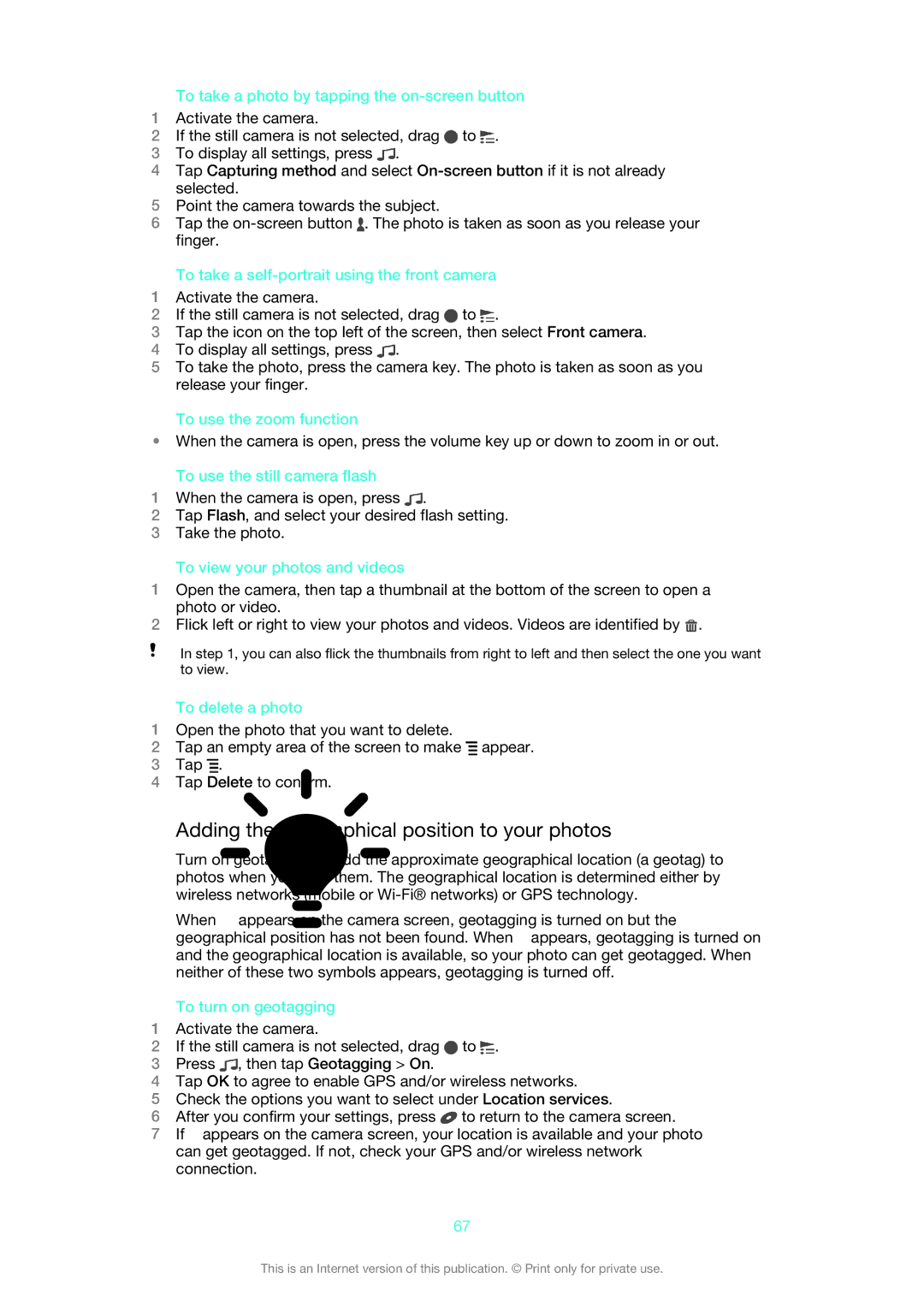 Sony LT22i manual Adding the geographical position to your photos 