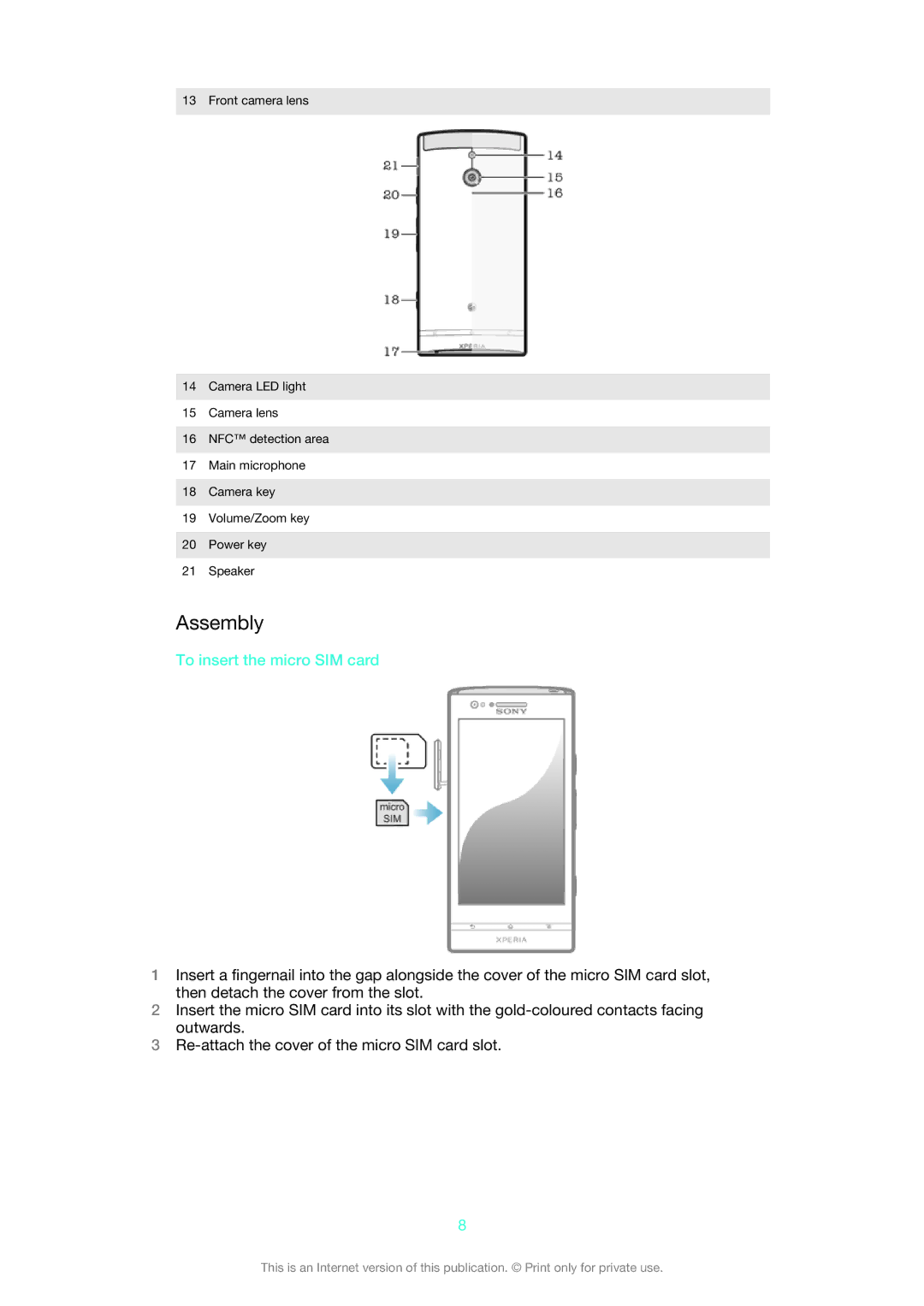 Sony LT22i manual Assembly, To insert the micro SIM card 