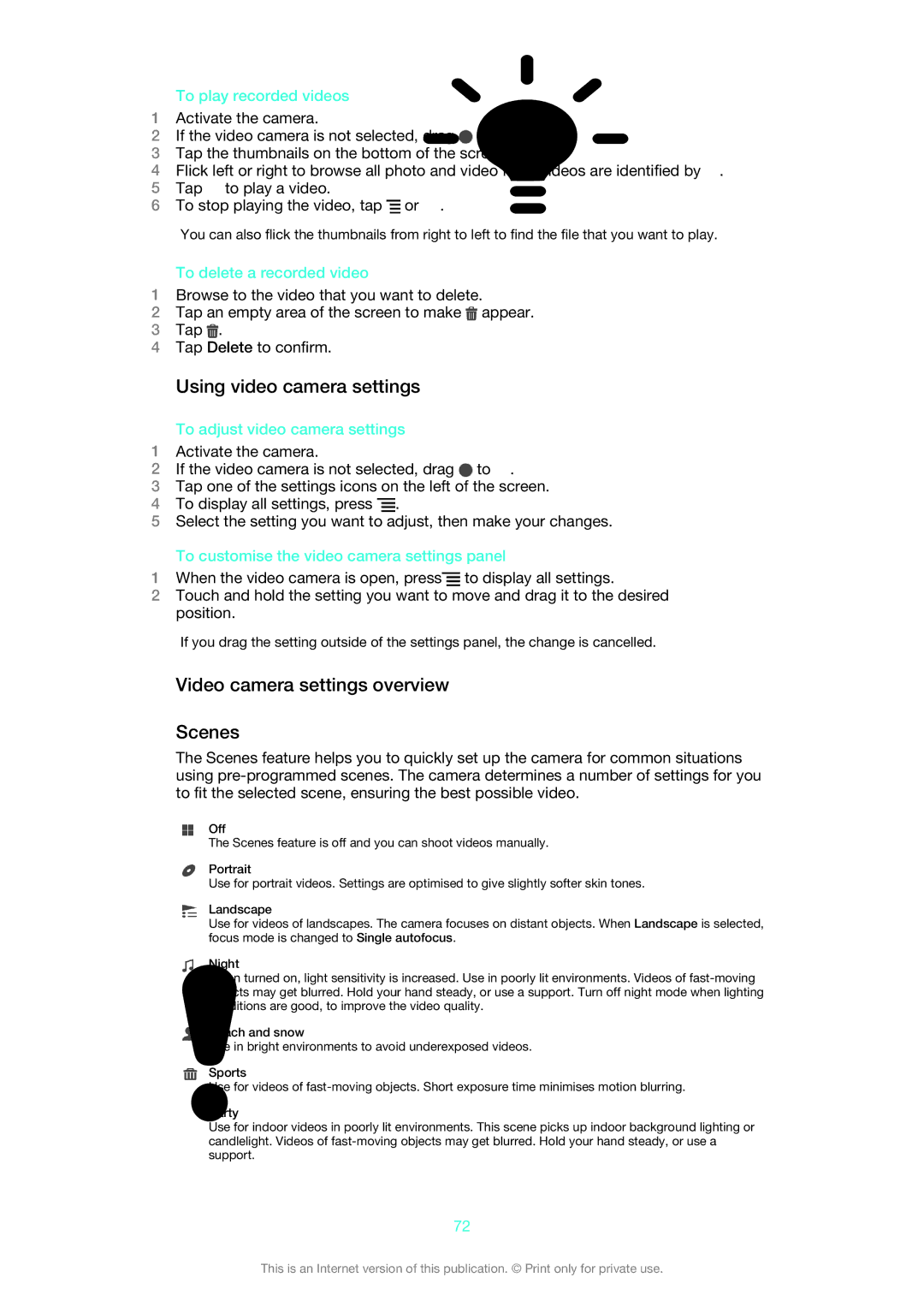 Sony LT22i manual Using video camera settings, Video camera settings overview Scenes 