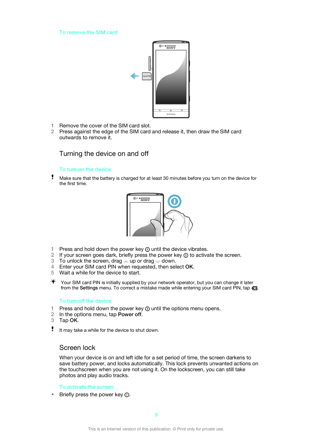 Sony LT22i manual Turning the device on and off, Screen lock 