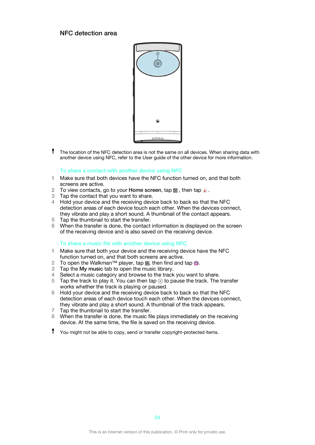 Sony LT22i manual NFC detection area, To share a contact with another device using NFC 