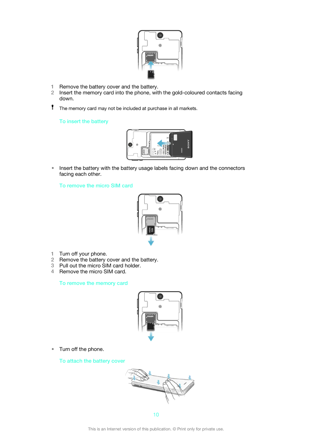 Sony LT25i manual To insert the battery, To remove the micro SIM card, To attach the battery cover 