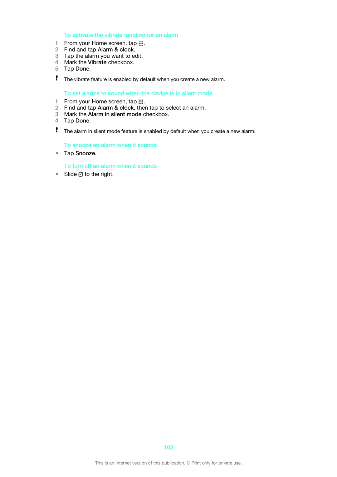 Sony LT25i To activate the vibrate function for an alarm, To set alarms to sound when the device is in silent mode, 103 