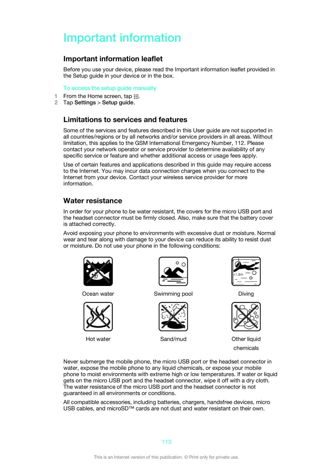 Sony LT25i manual Important information leaflet, Limitations to services and features, Water resistance, 113 