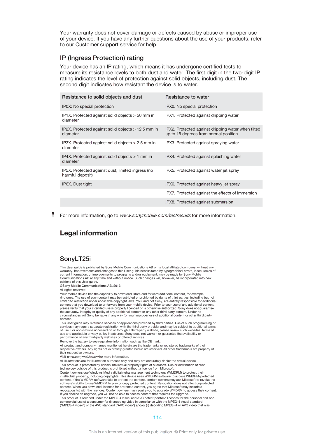 Sony manual Legal information, IP Ingress Protection rating, SonyLT25i, 114 