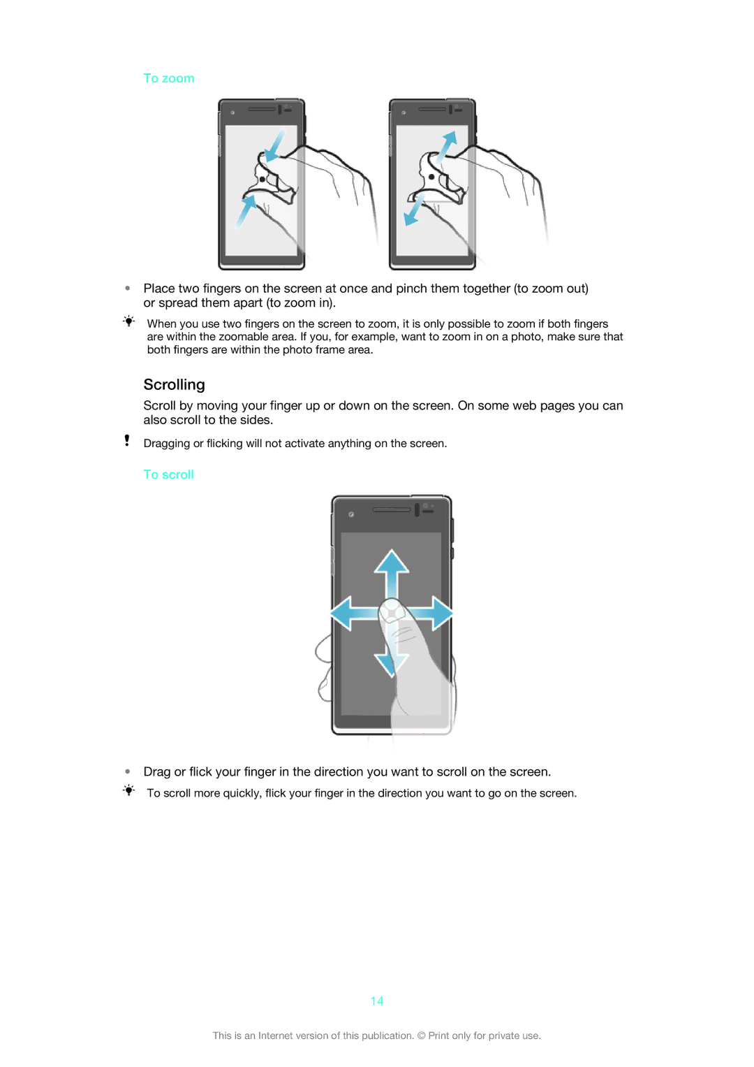 Sony LT25i manual Scrolling, To zoom, To scroll 