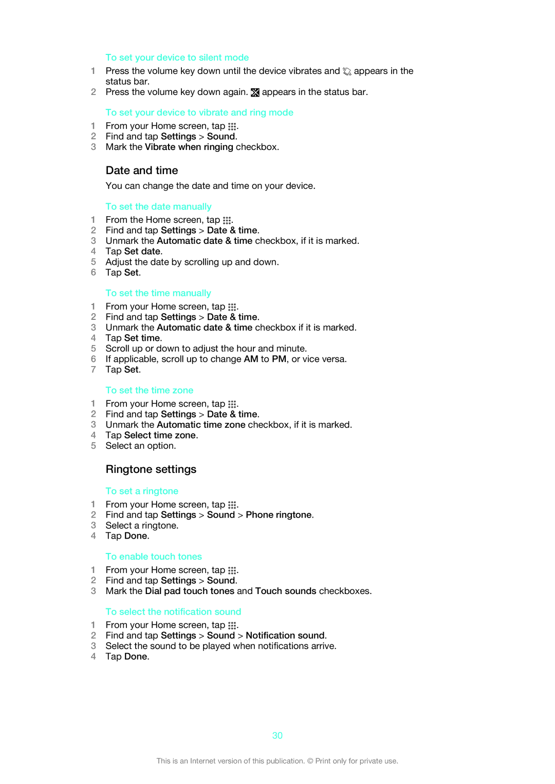 Sony LT25i manual Date and time, Ringtone settings 