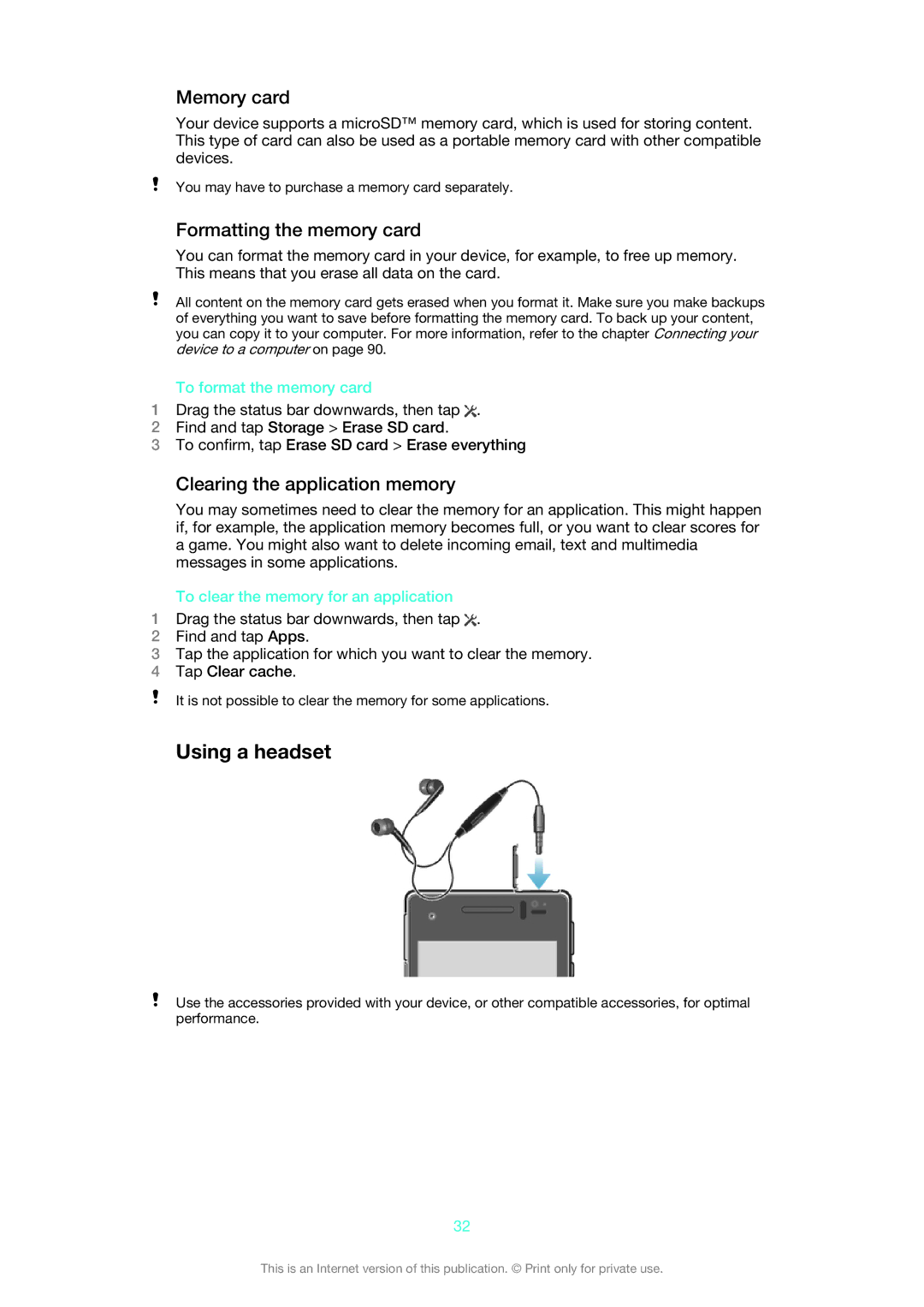 Sony LT25i manual Using a headset, Memory card, Formatting the memory card, Clearing the application memory 