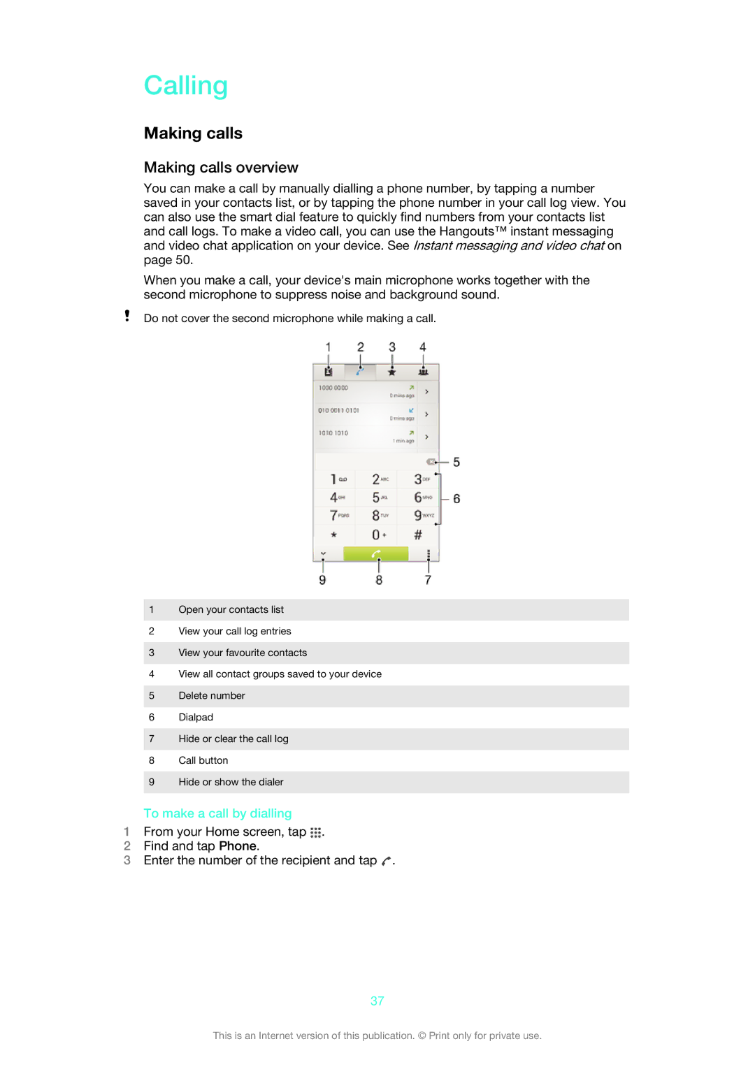 Sony LT25i manual Calling, Making calls overview, To make a call by dialling 