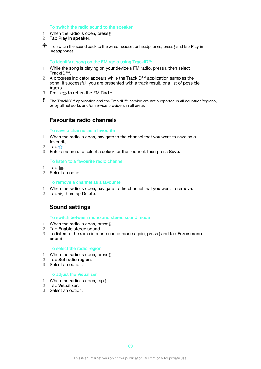 Sony LT25i manual Favourite radio channels, Sound settings 