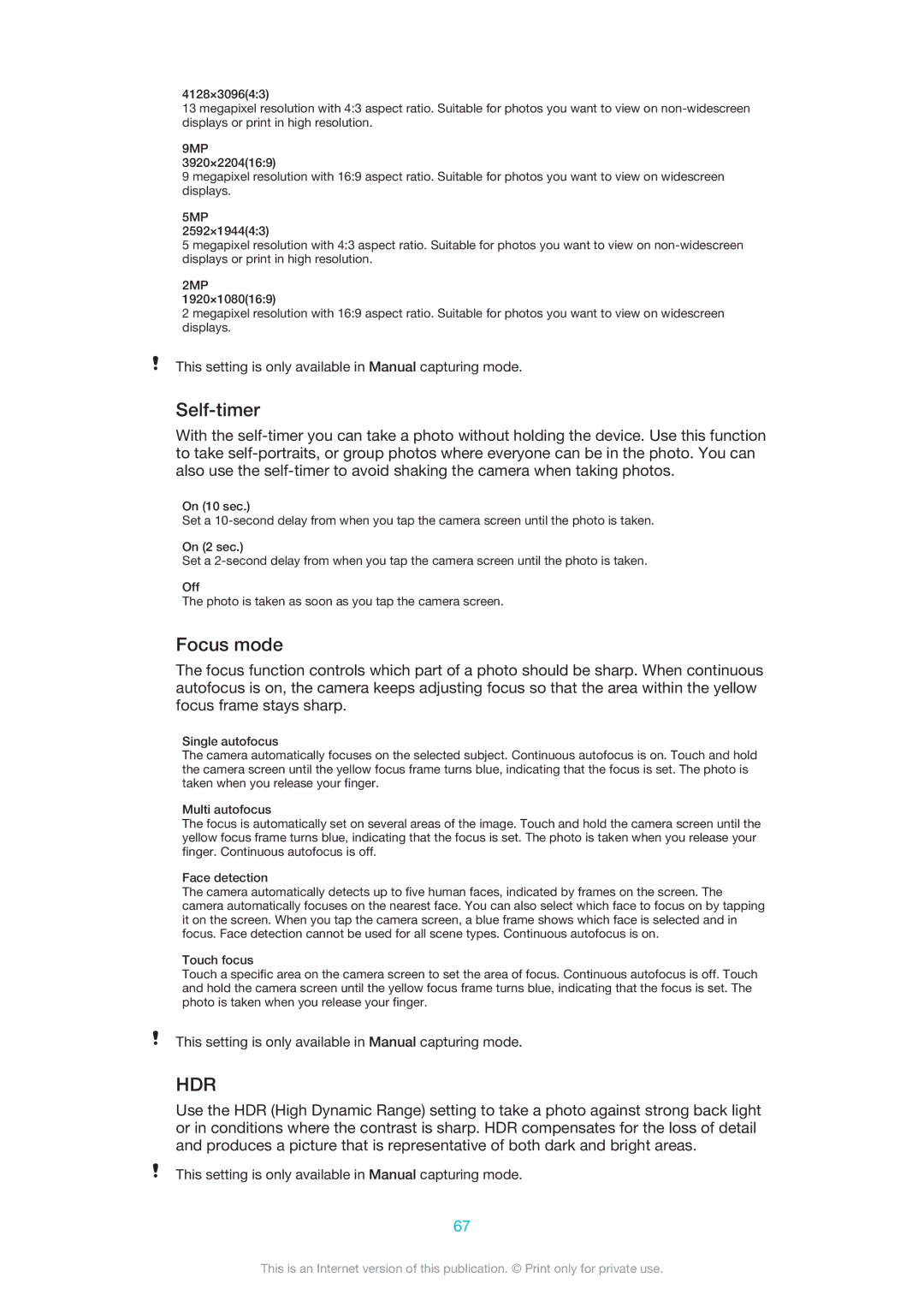 Sony LT25i manual Self-timer, Focus mode 