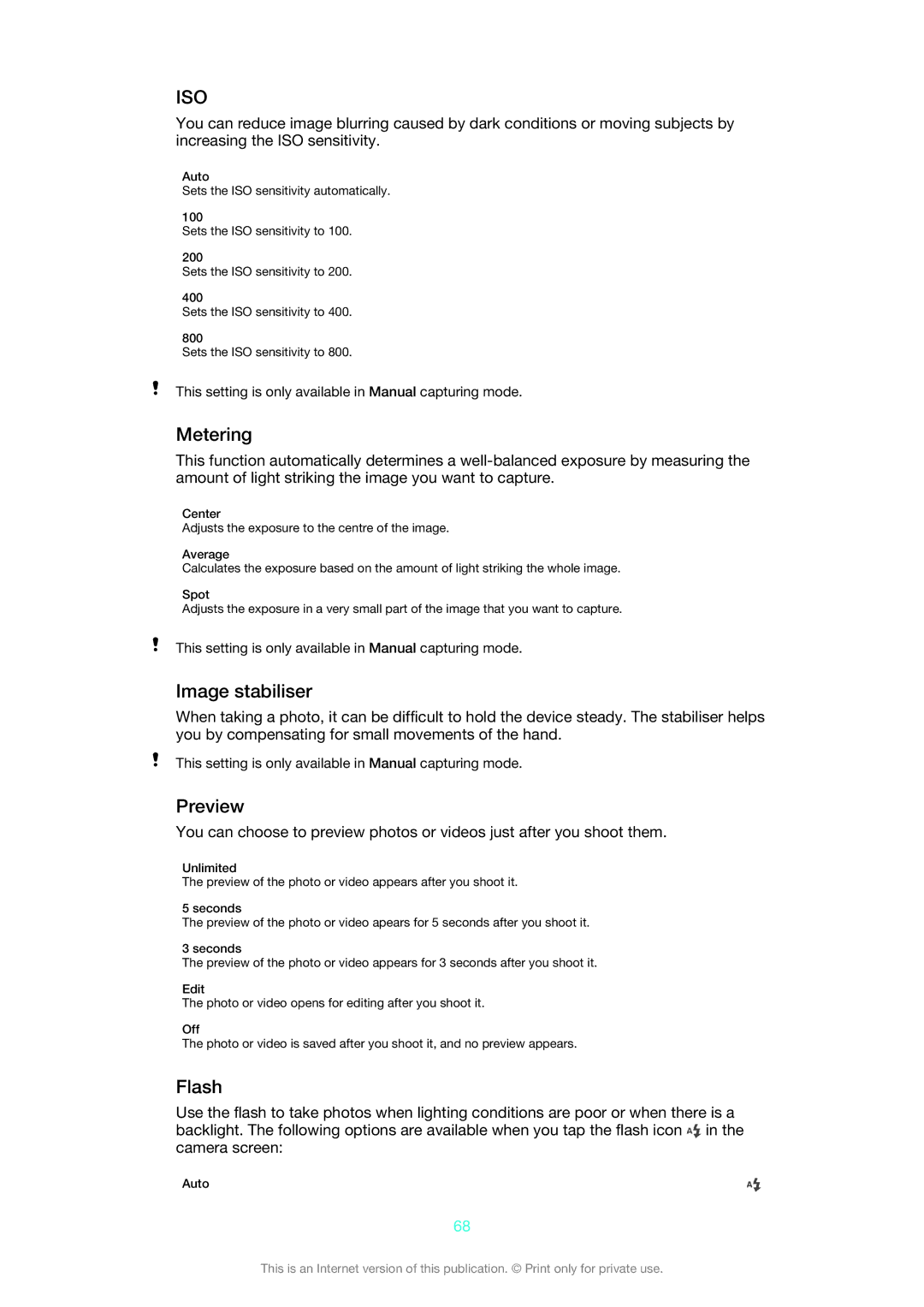 Sony LT25i manual Metering, Image stabiliser, Preview, Flash 