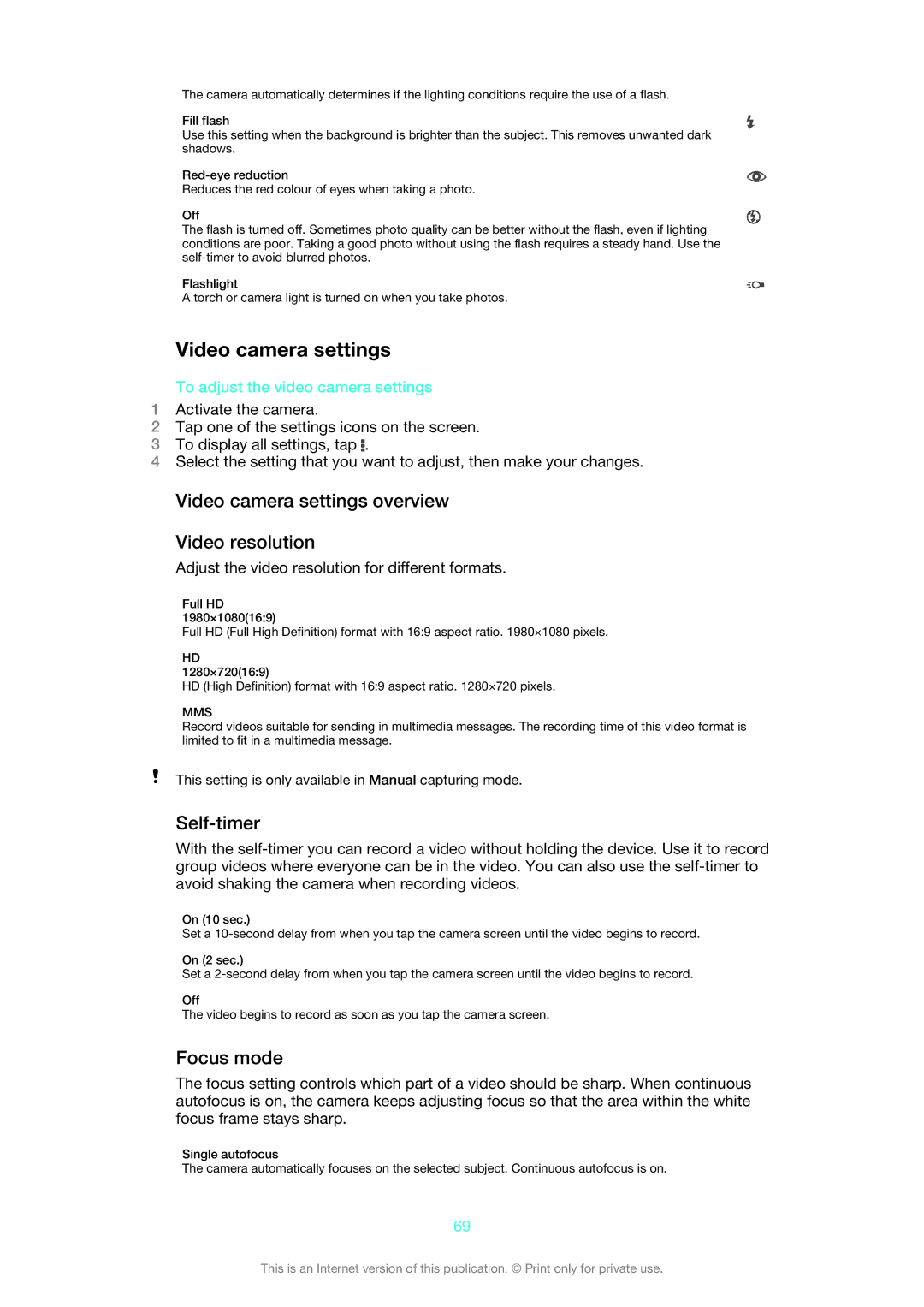 Sony LT25i manual Video camera settings overview Video resolution, To adjust the video camera settings 