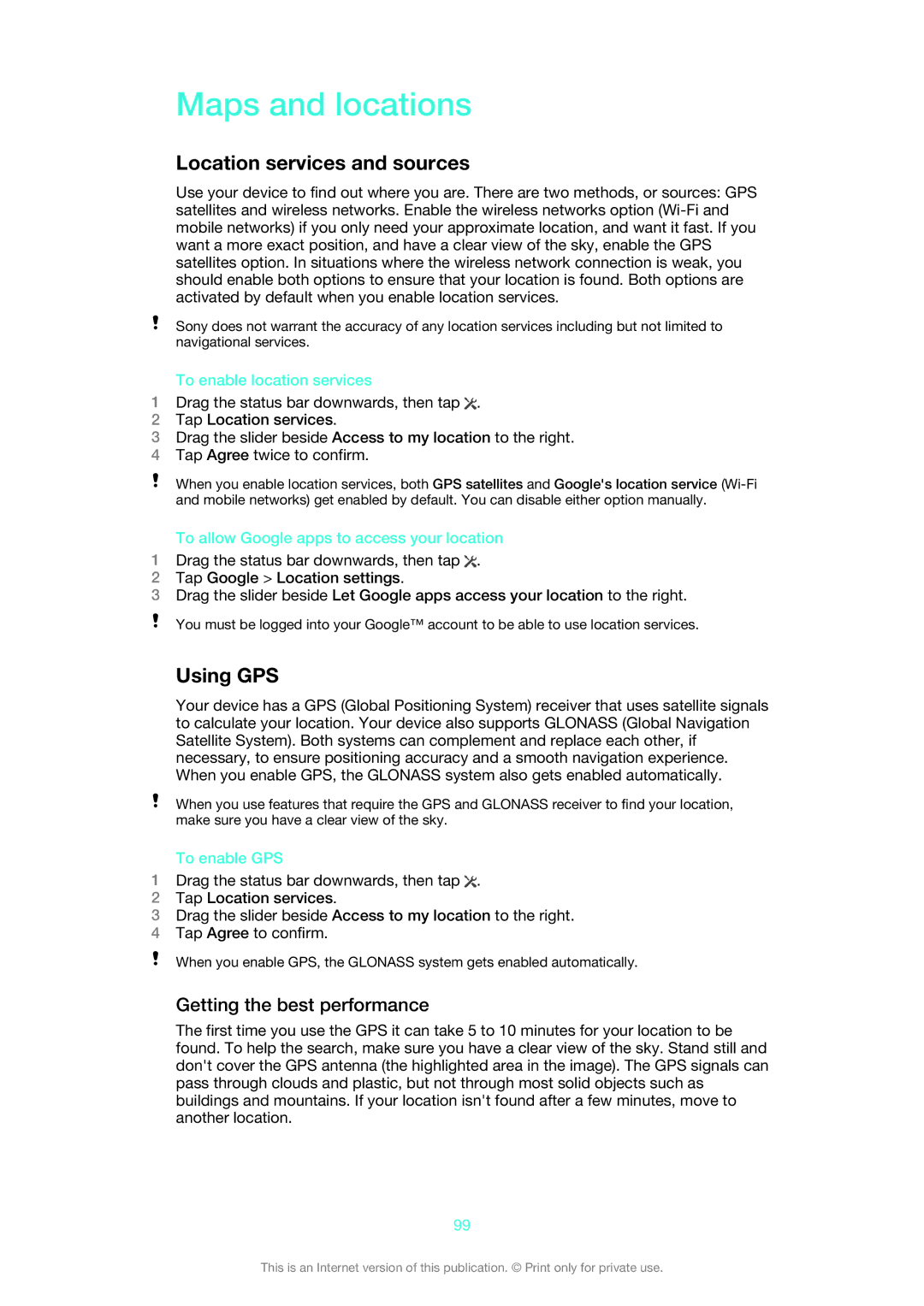 Sony LT25i manual Maps and locations, Location services and sources, Using GPS, Getting the best performance 