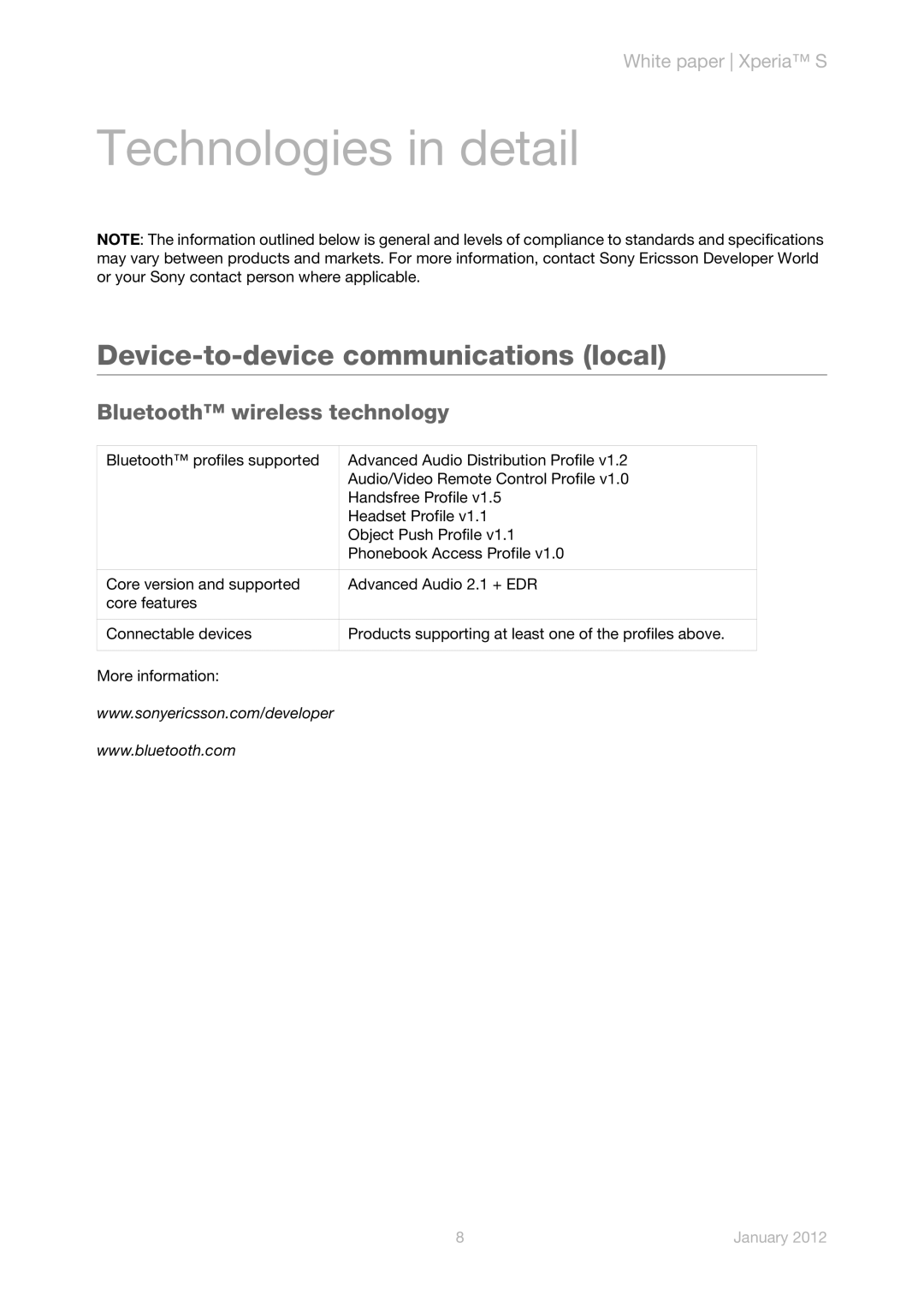 Sony LT26i manual Device-to-device communications local, Bluetooth wireless technology 