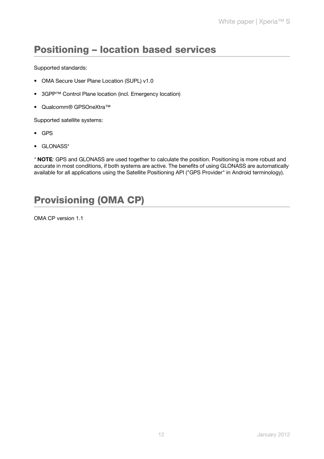 Sony LT26i manual Positioning location based services, Provisioning OMA CP, GPS Glonass 