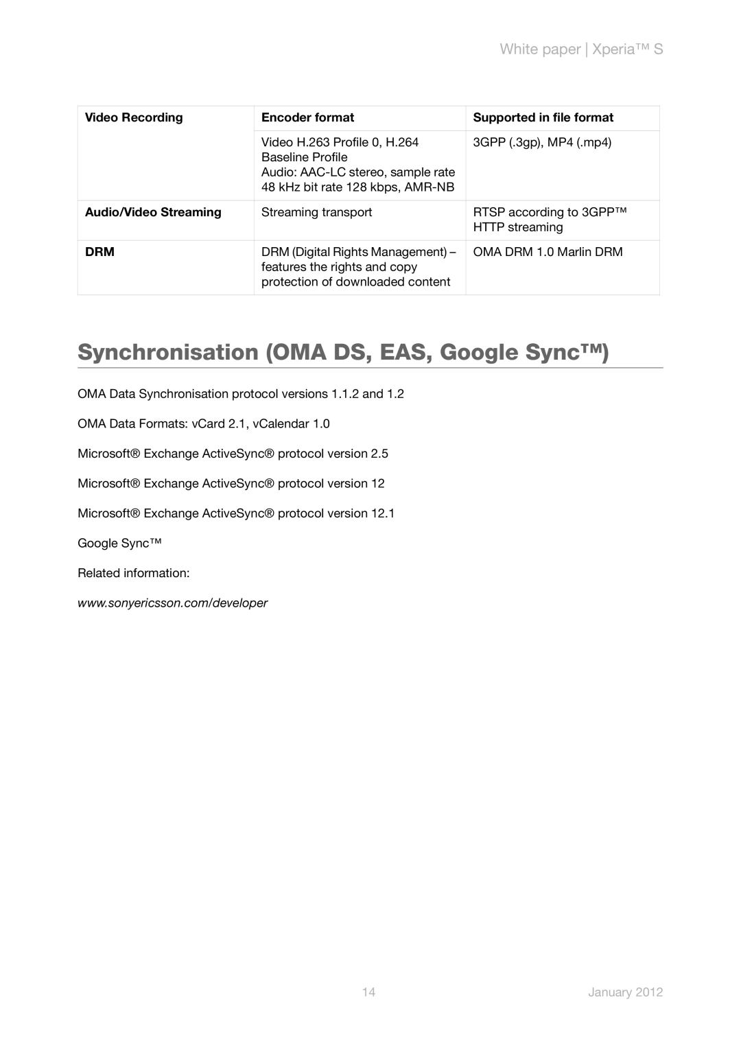 Sony LT26i manual Synchronisation OMA DS, EAS, Google Sync, Video Recording Encoder format Supported in file format 