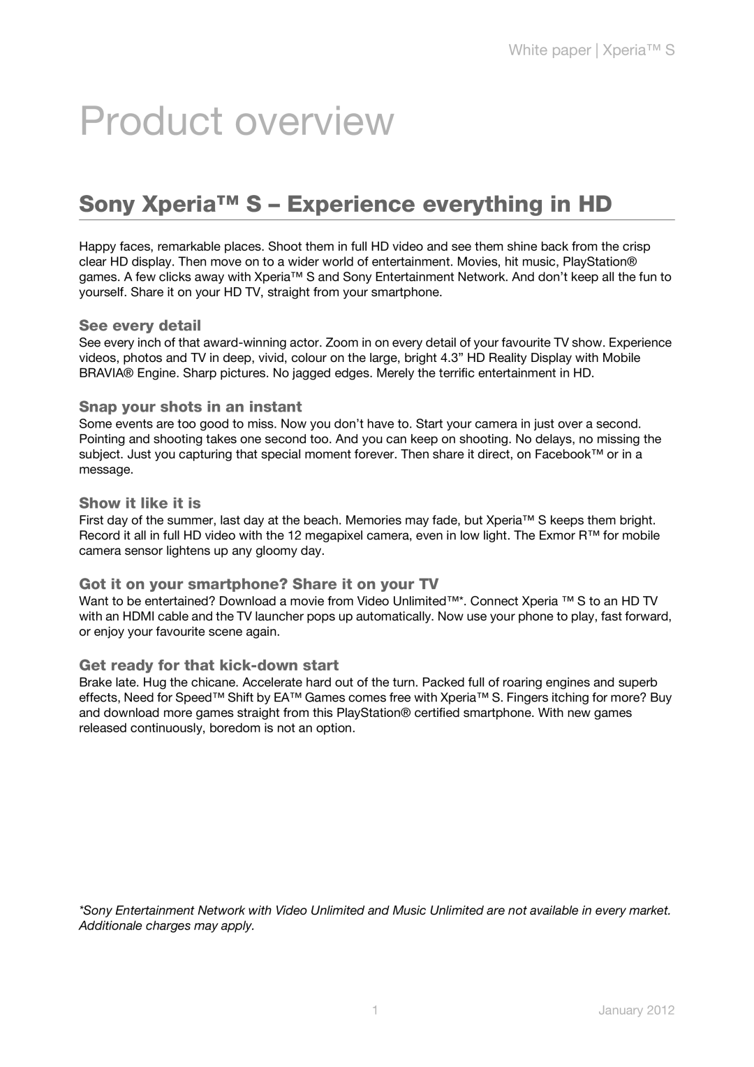 Sony LT26i manual Sony Xperia S Experience everything in HD 